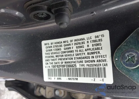 2015 Honda Civic Ex из США, поврежденный, VIN 19XFB2F89FE066625